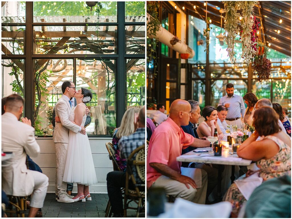 A bride and groom kiss at the end of their Osteria wedding ceremony.