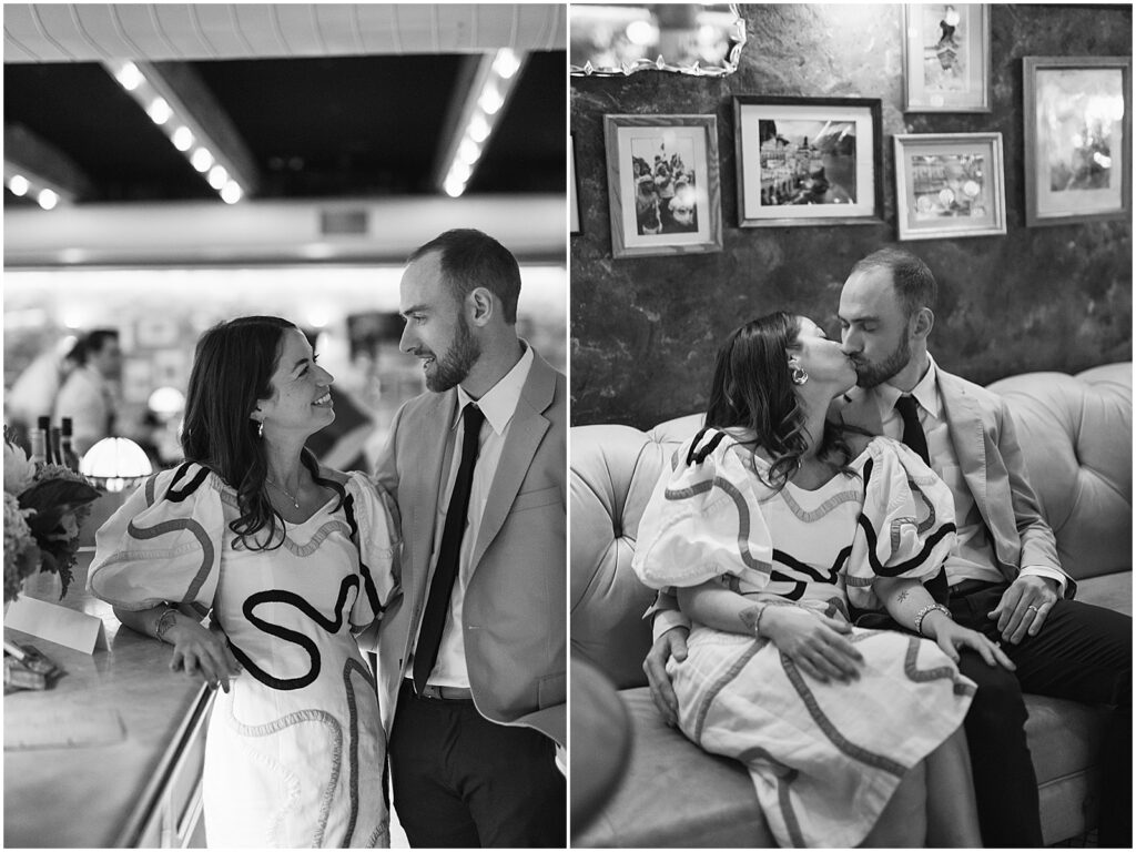 A bride and groom lean against a bar inside one of Philadelphia's restaurant wedding venues.