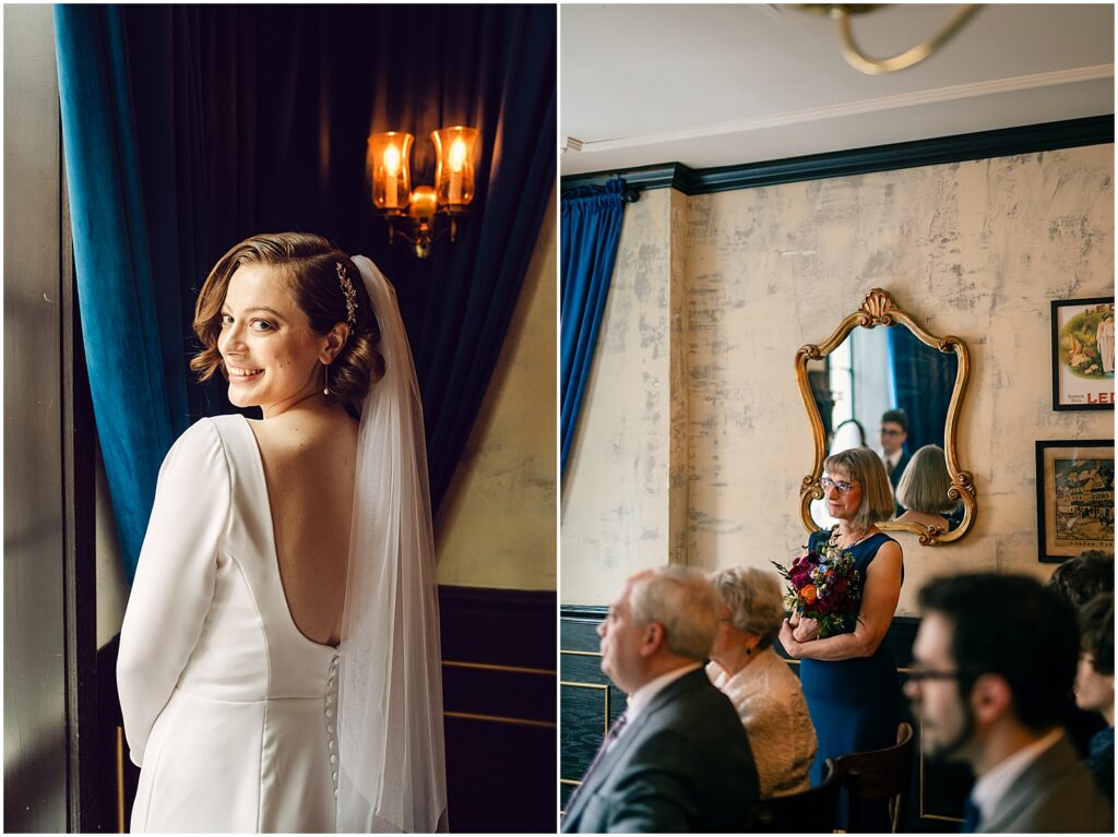 A bride poses for a Philadelphia wedding photographer beside a window.