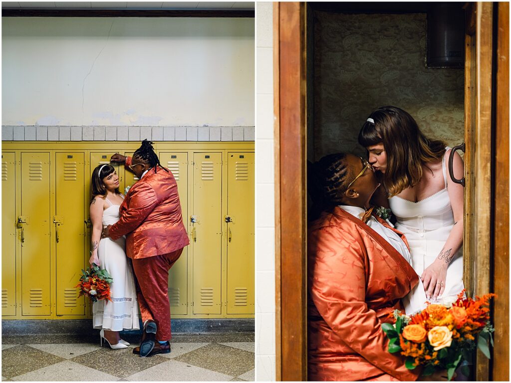 Two brides lean against some yellow lockers at their BOK wedding.