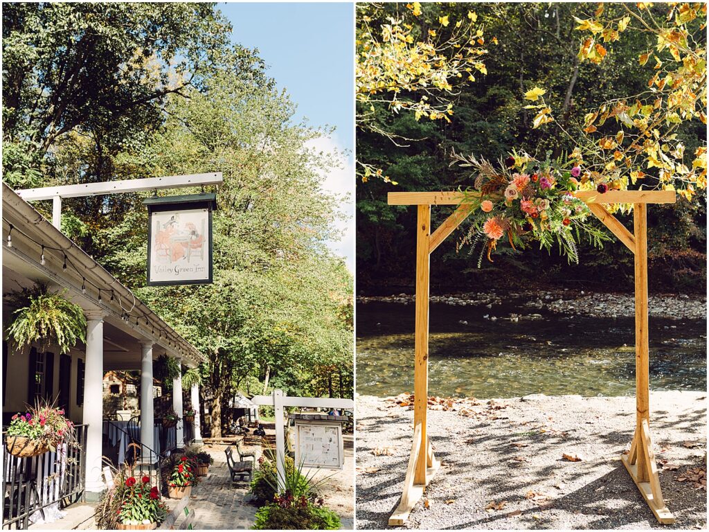 A floral arch sits on the bank of the Wissahickon River for a Valley Green Inn wedding.