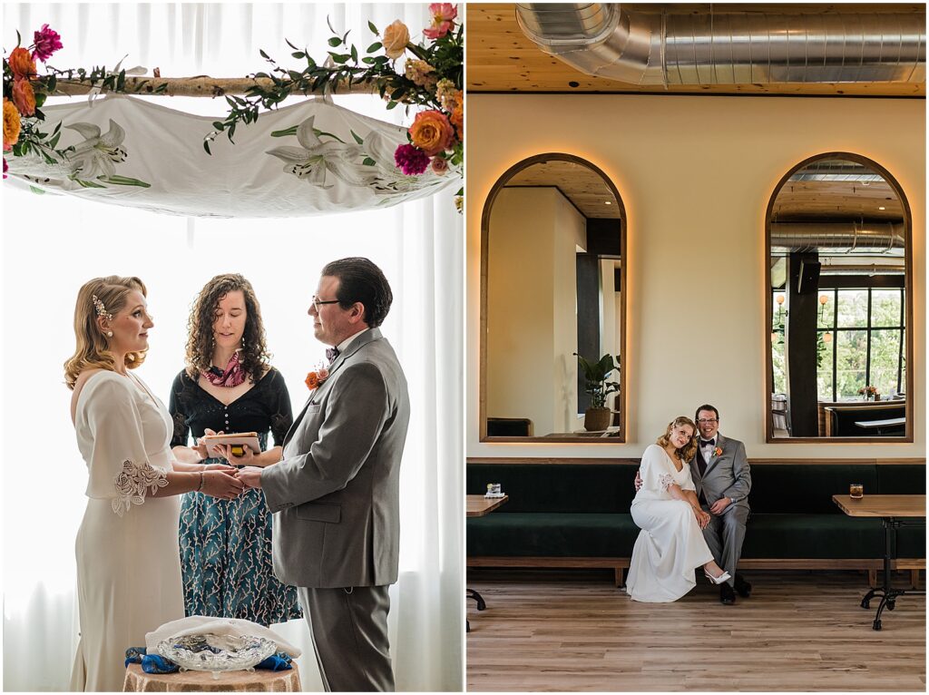 A bride and groom stand under a chuppah at a Philadelphia restaurant wedding venue.