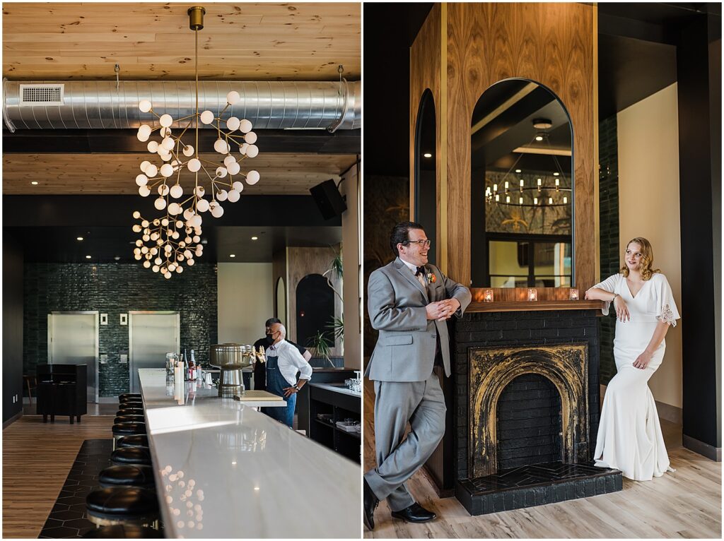 A bride and groom lean on a fireplace mantle inside Lark.