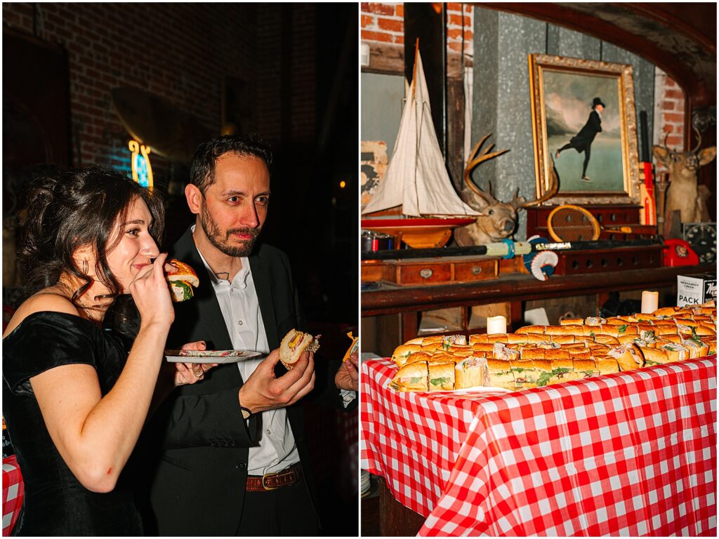 A bride and groom eat hoagies at a Philadelphia rehearsal dinner.
