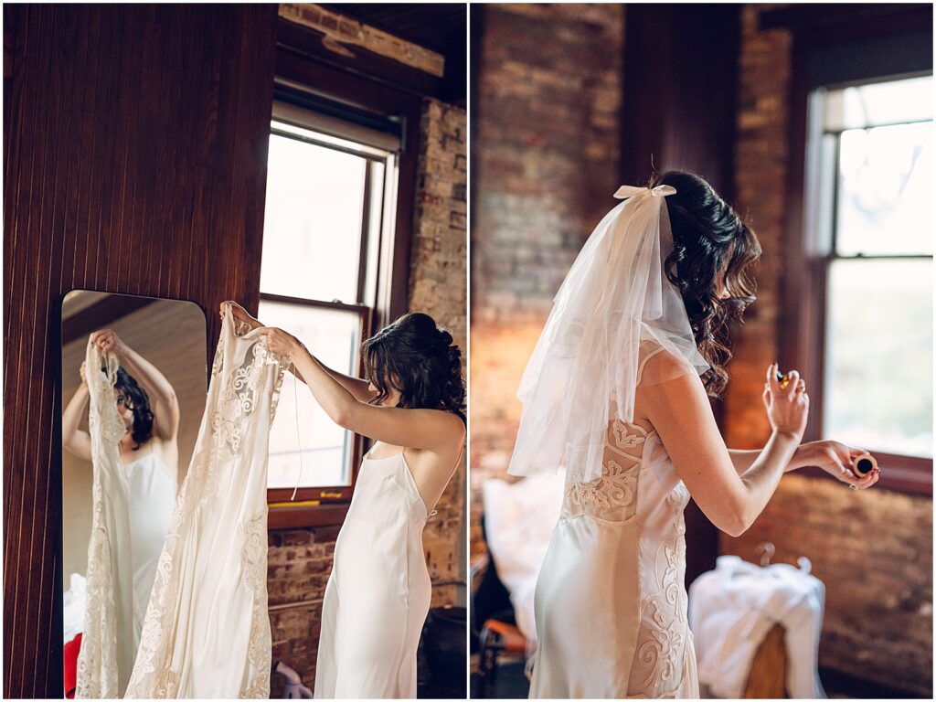 A bride holds up a veil in the loft at Lilah Philadelphia.