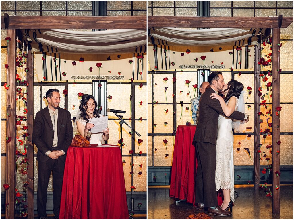 A bride and groom share their first kiss at a Lilah wedding ceremony.