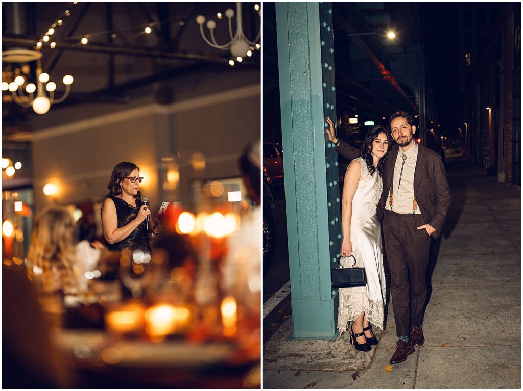 A bride and groom pose under the El at a Philadelphia Wedding.