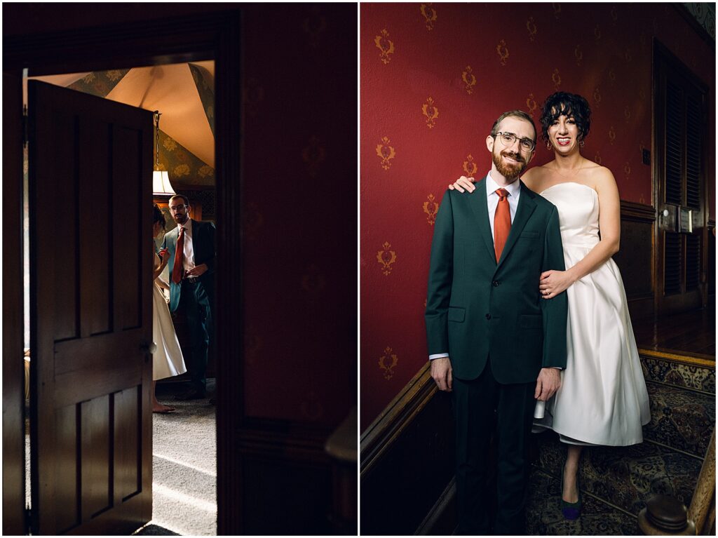 A bride and groom pose on a staircase at Knowlton Mansion.