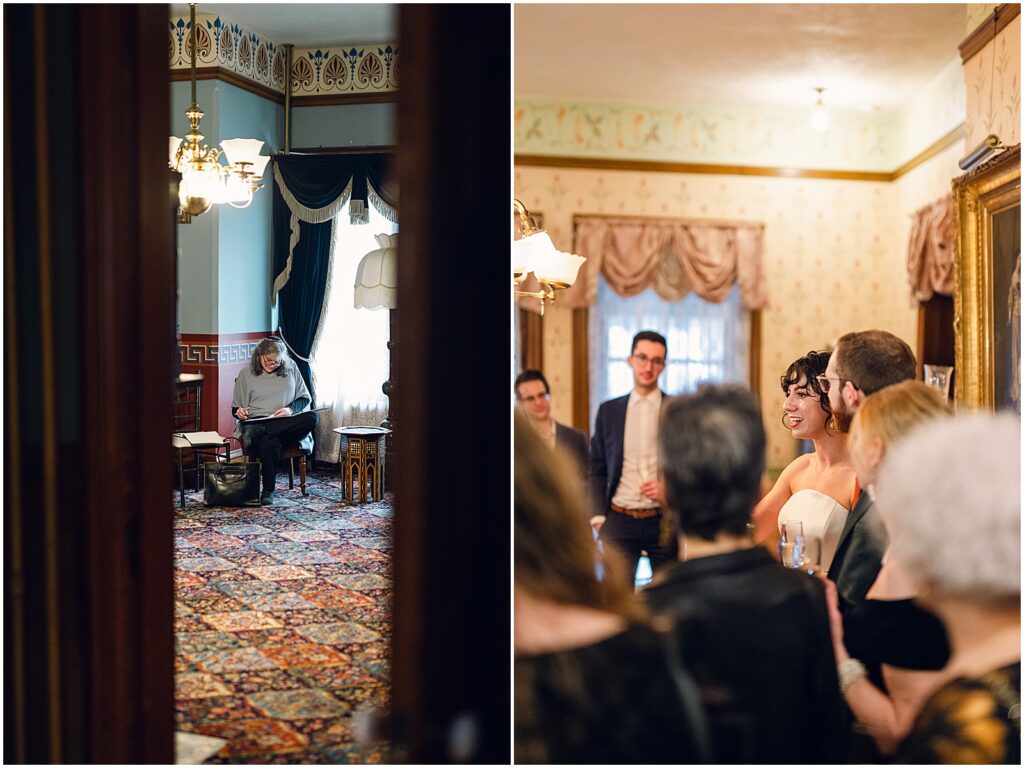 A bride and groom smile and talk with guests inside Knowlton Mansion.