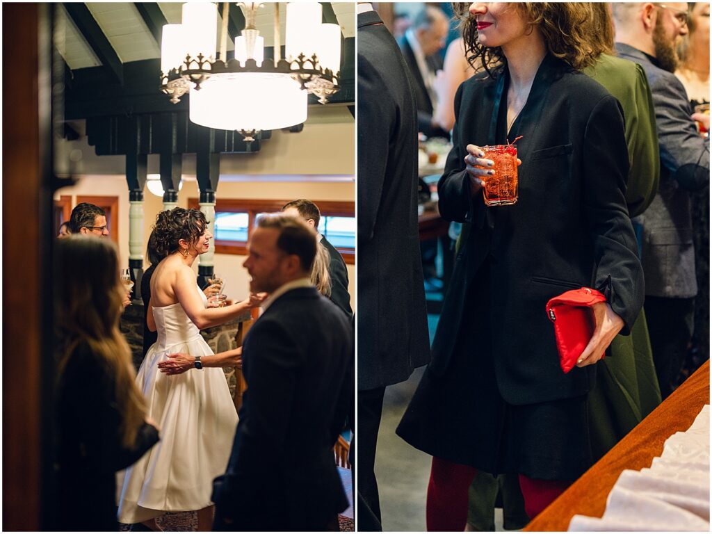Wedding guests talk and sip cocktails.