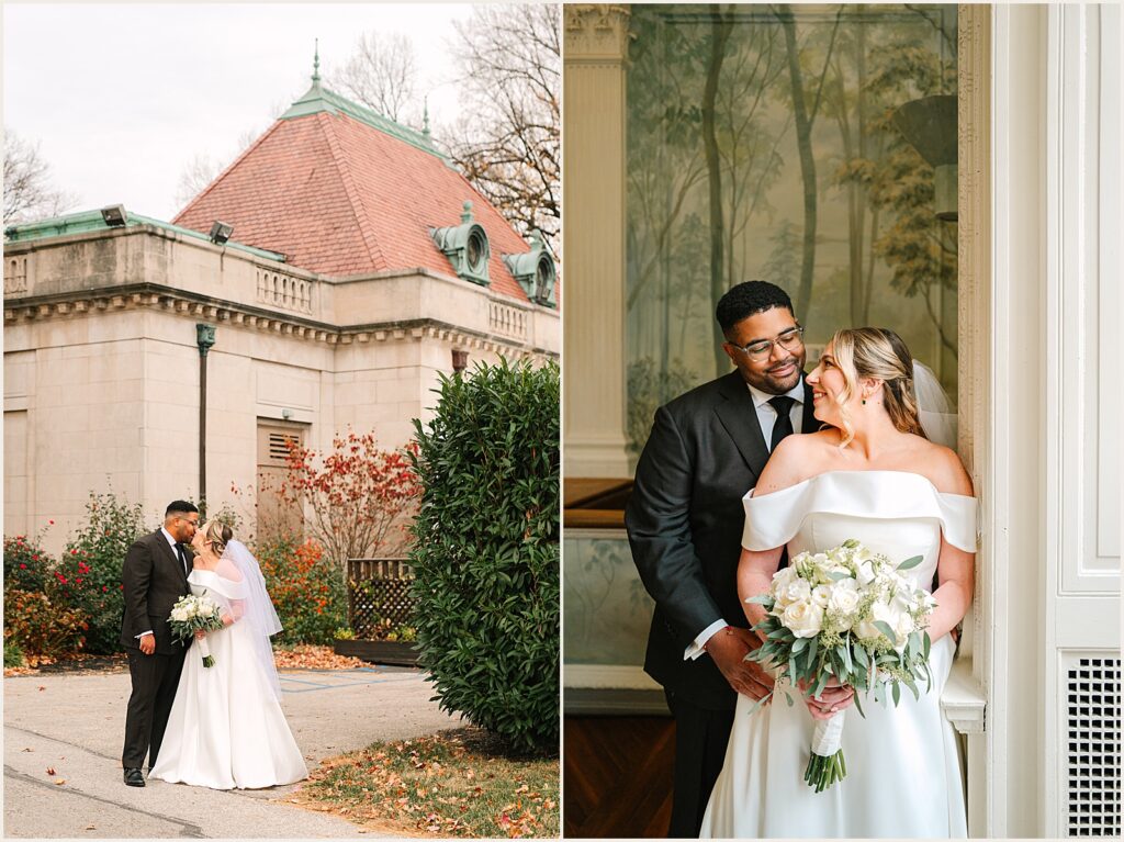 A bride and groom pose beside a window inside Curtis Hall.