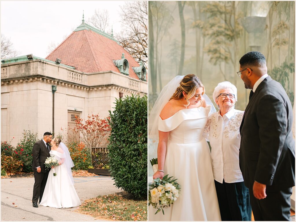 A bride and groom greet a grandmother inside Curtis Hall.