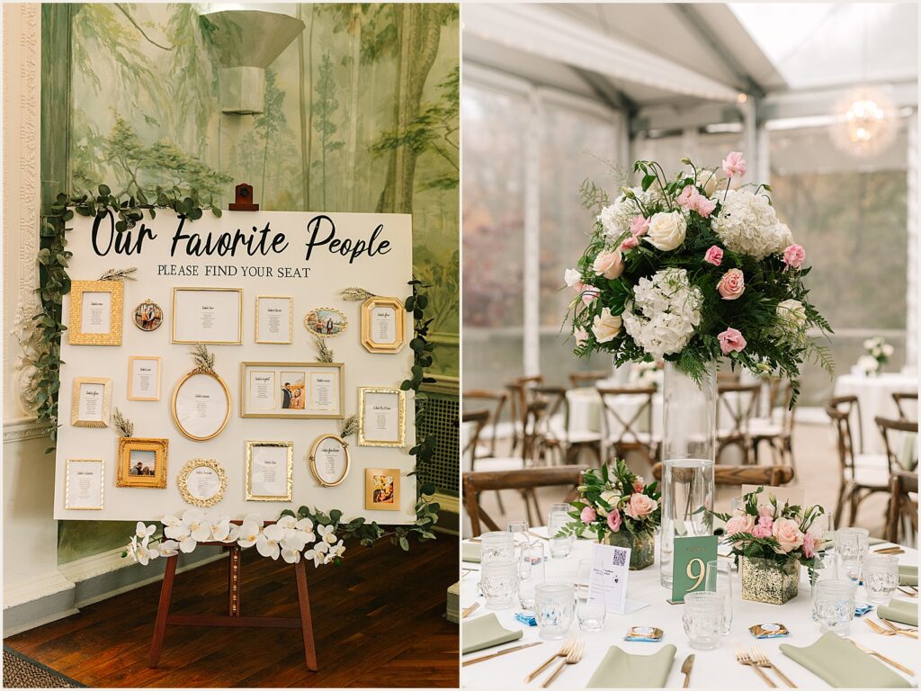 A seating chart sits on an easel in a Philadelphia wedding venue.