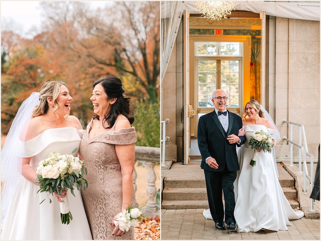 A bride's father leads her down the aisle at a Curtis Arboretum wedding.
