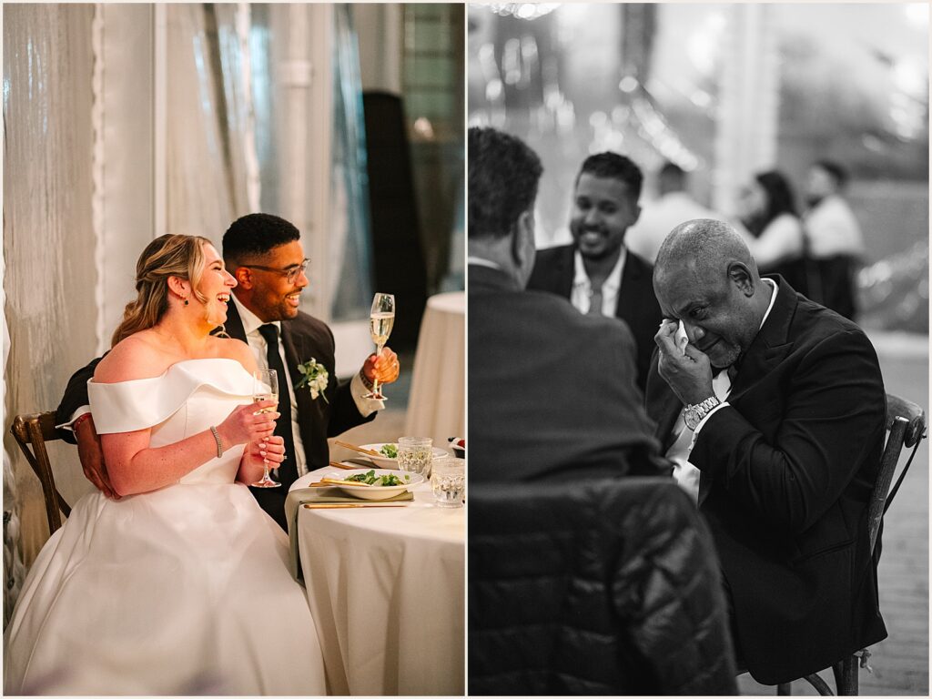 A bride and groom lift their glasses as they listen to a wedding toast.