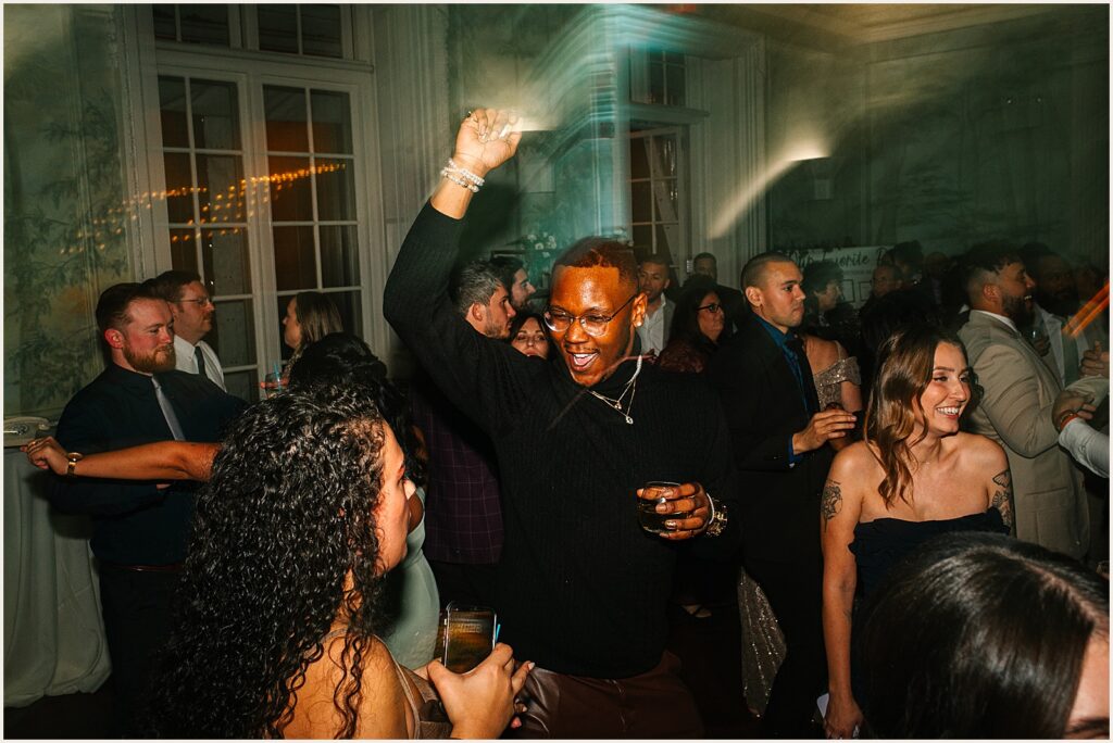 Wedding guests dance in Curtis Hall.