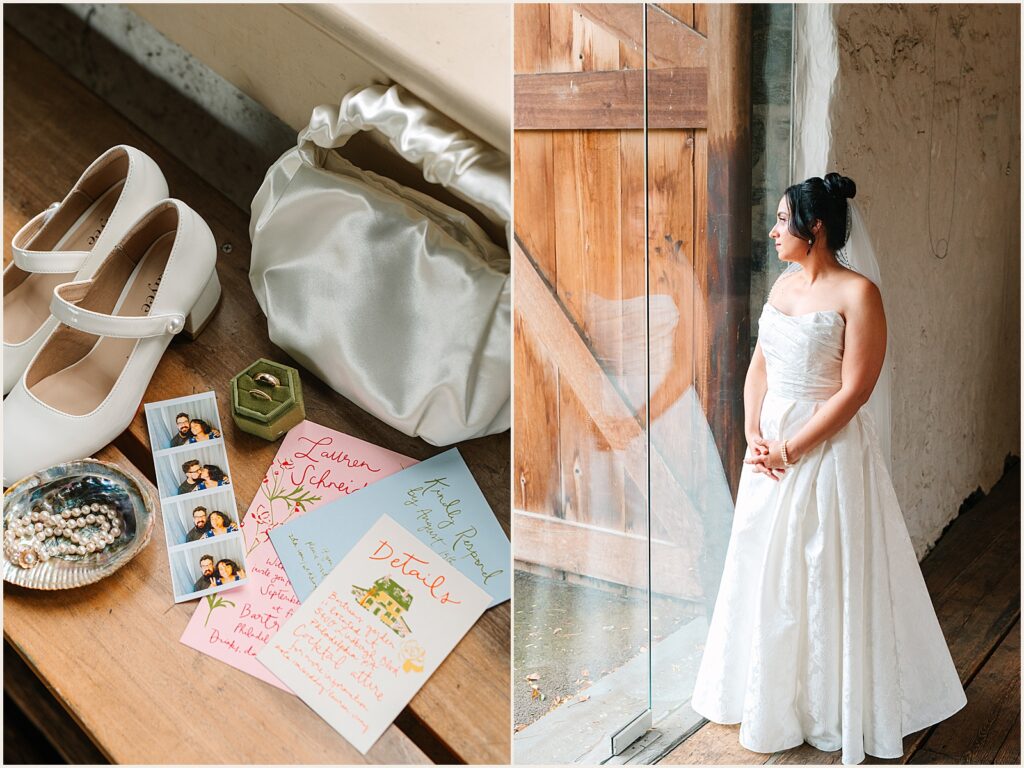 A Philly bride poses for a wedding portrait beside a glass door.