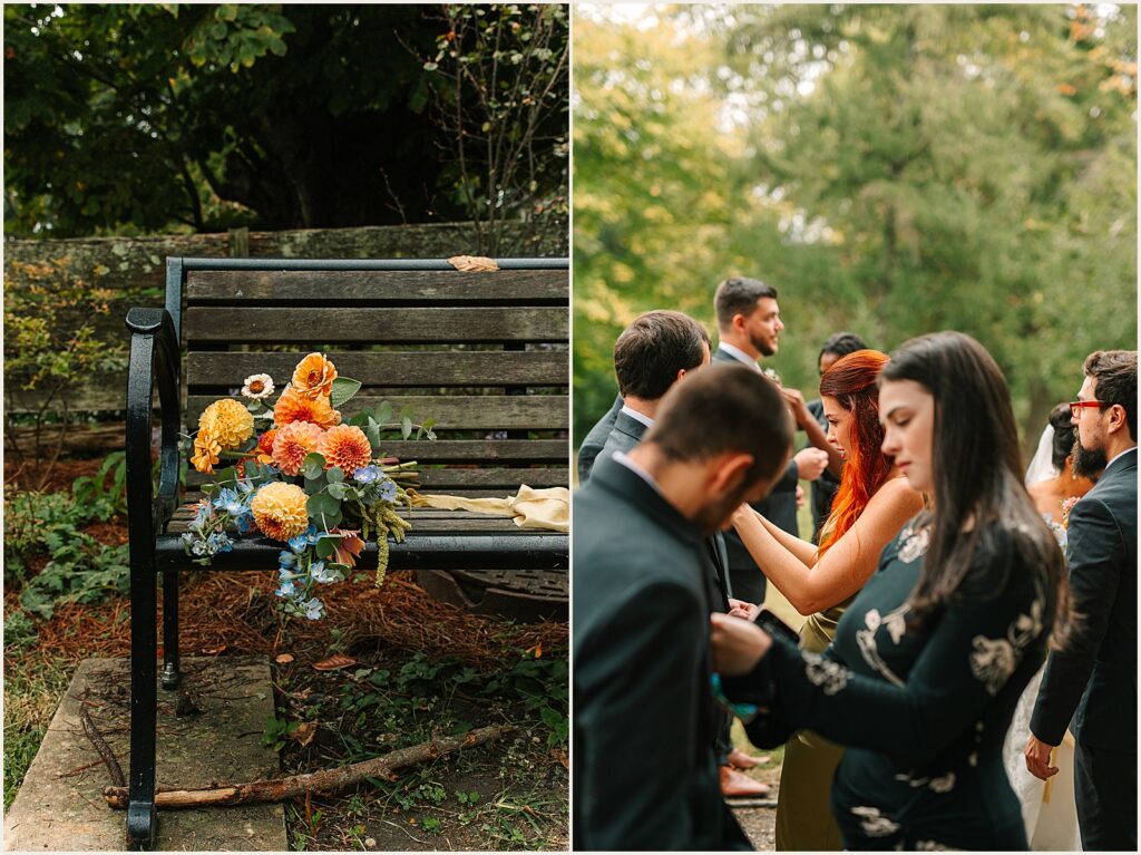 A colorful bouquet sits on a bench at a Philly wedding venue.