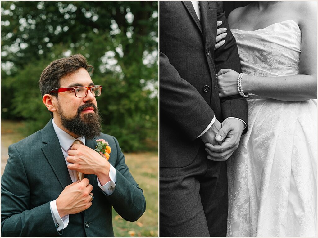 A groom straightens his tie.