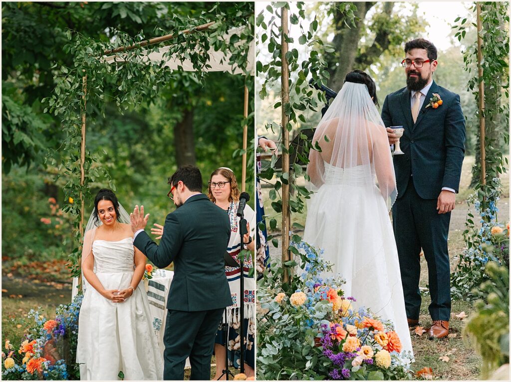 A bride and groom laugh during a wedding ceremony at Bartram's Garden.