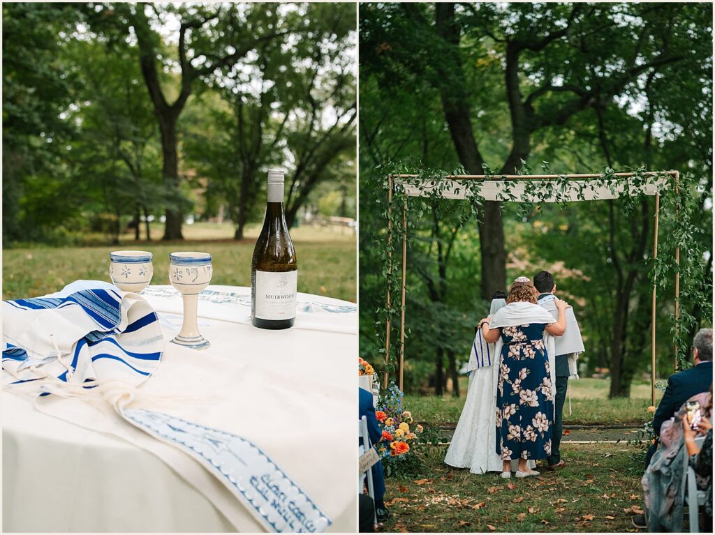 A rabbi puts a tallit around a bride and groom's shoulders.