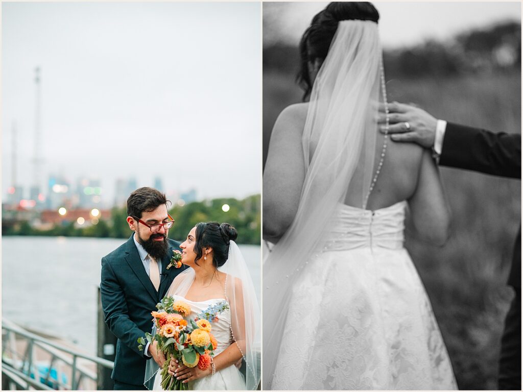 A bride and groom pose with the Philly skyline in the background.
