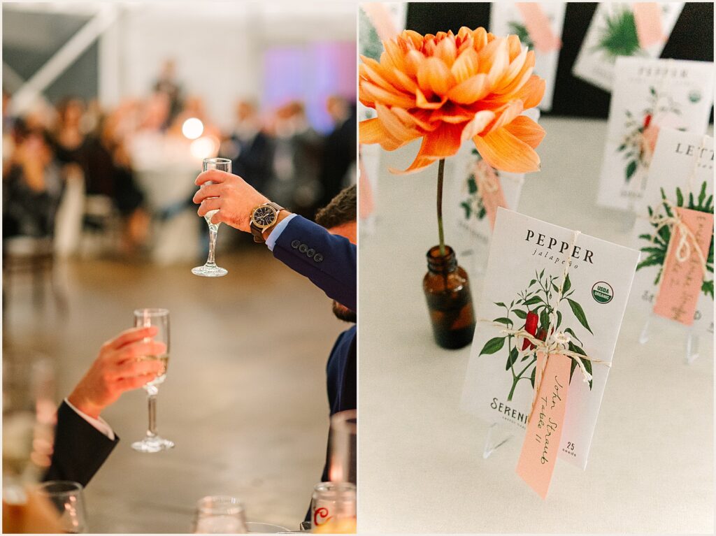Wedding guests raise their glasses for a champagne toast.