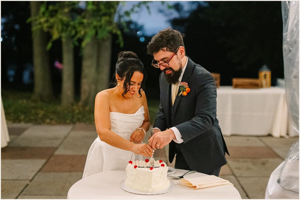A bride and groom cut a vintage wedding cake.