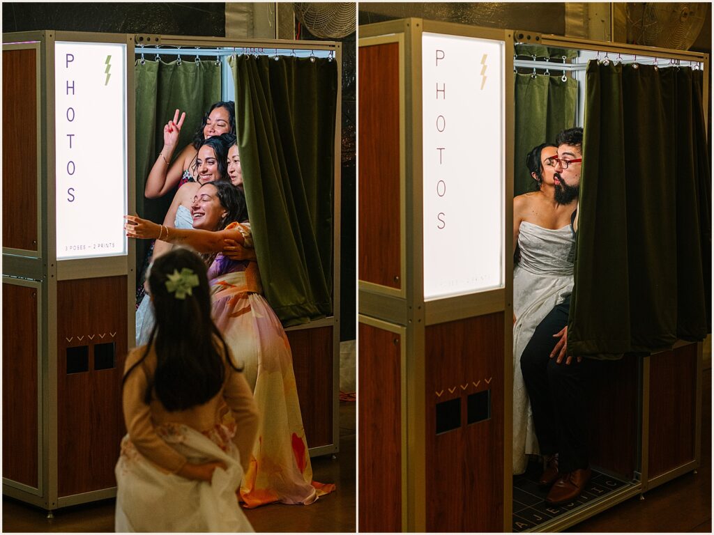 A bride and groom pose for a photo in a photobooth.