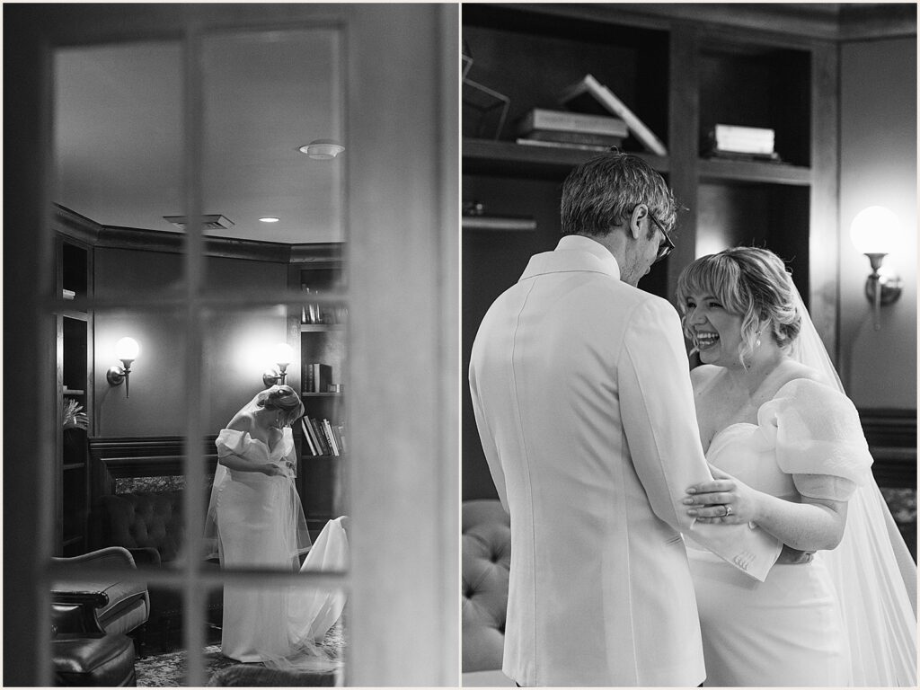 A bride and groom hug during a private first look.