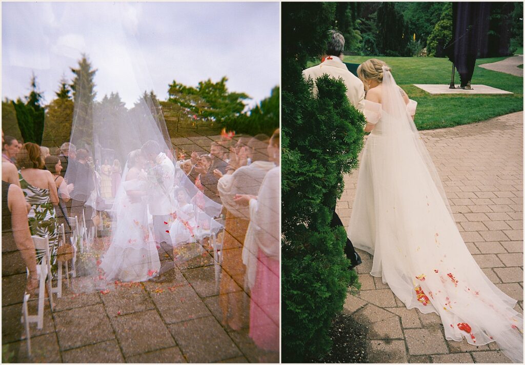 A bride and groom walk away from their ceremony in a film wedding photo.