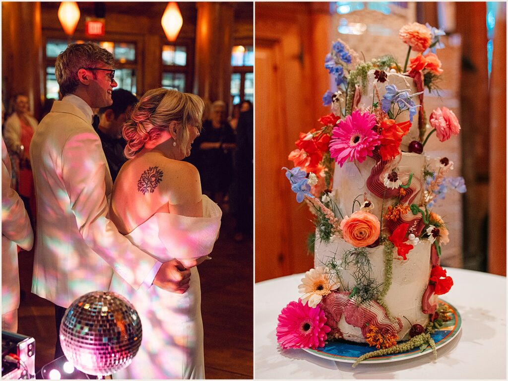 Flowers decorate a tiered wedding cake at a Grounds for Sculpture wedding.