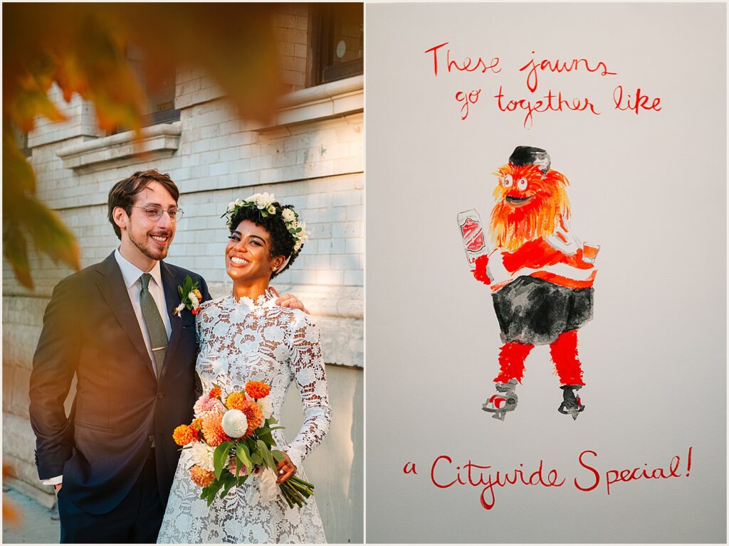 A Gritty sign decorates a wedding.