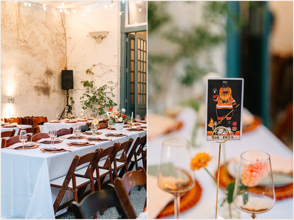 A Philly Tarot card decorates a wedding reception table at the MAAS Building.