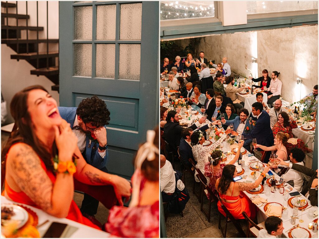 Wedding guests raise their glasses for a toast at the MAAS Building.