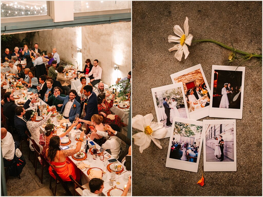 Polaroid wedding photos sit on a table beside a flower.