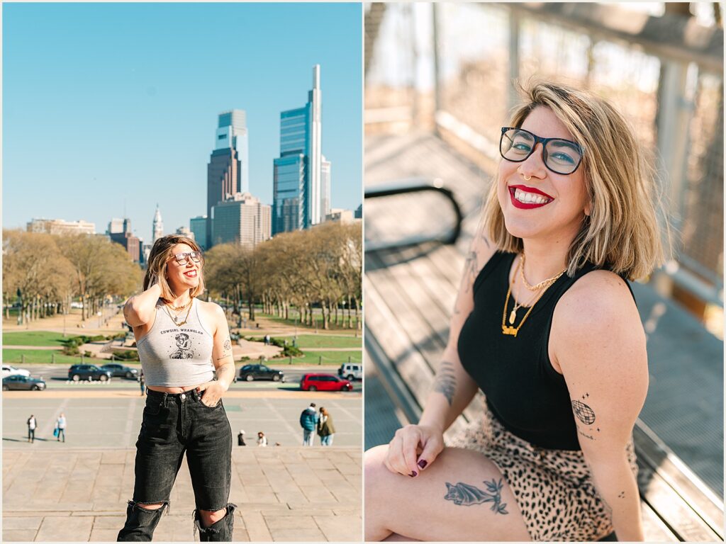 An author sits on a bench smiling at a Philly photographer.