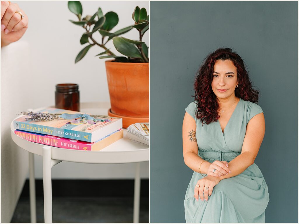 A writer poses for author headshots in a Philadelphia photography studio.