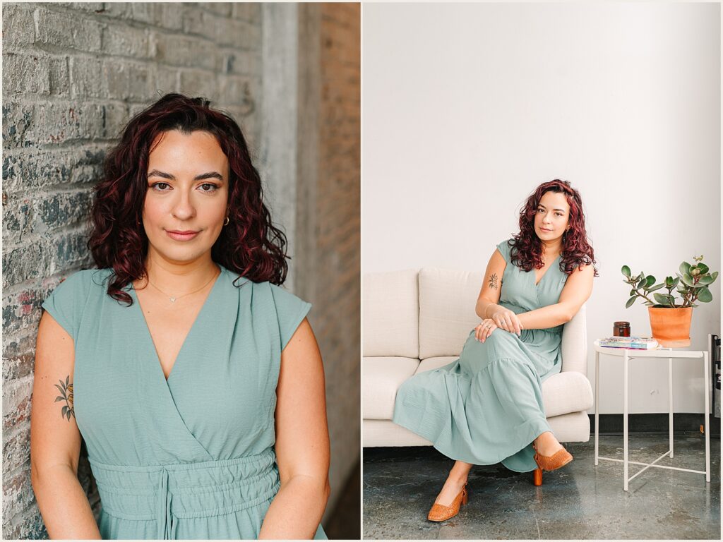 A Philly author leans against a brick wall in a photography studio.