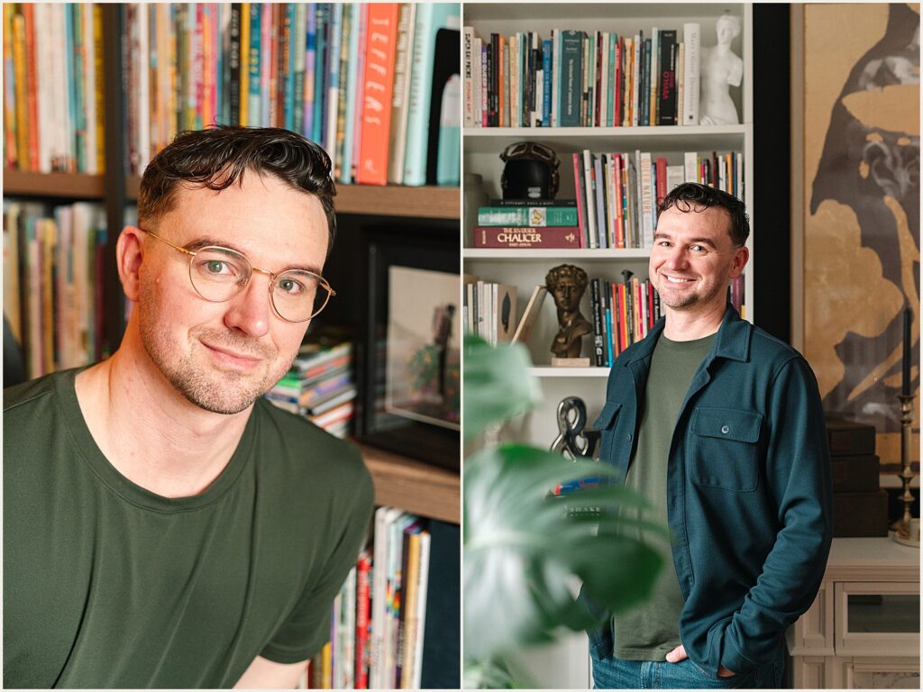 A writer poses beside a book shelf for author headshots.