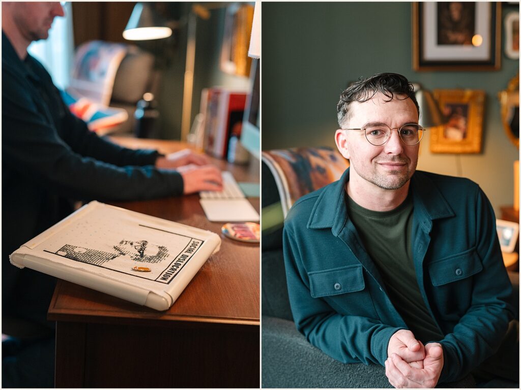 A writer poses for a Philly photographer in his home office.