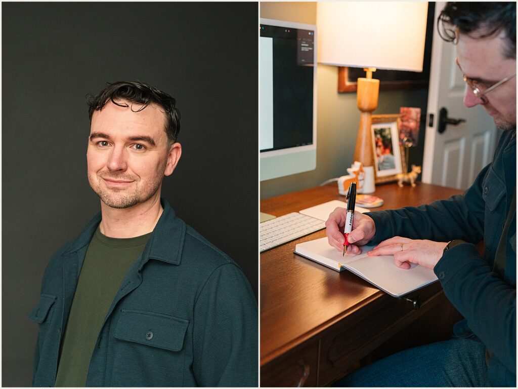 An author poses in front of a gray wall for a headshot.