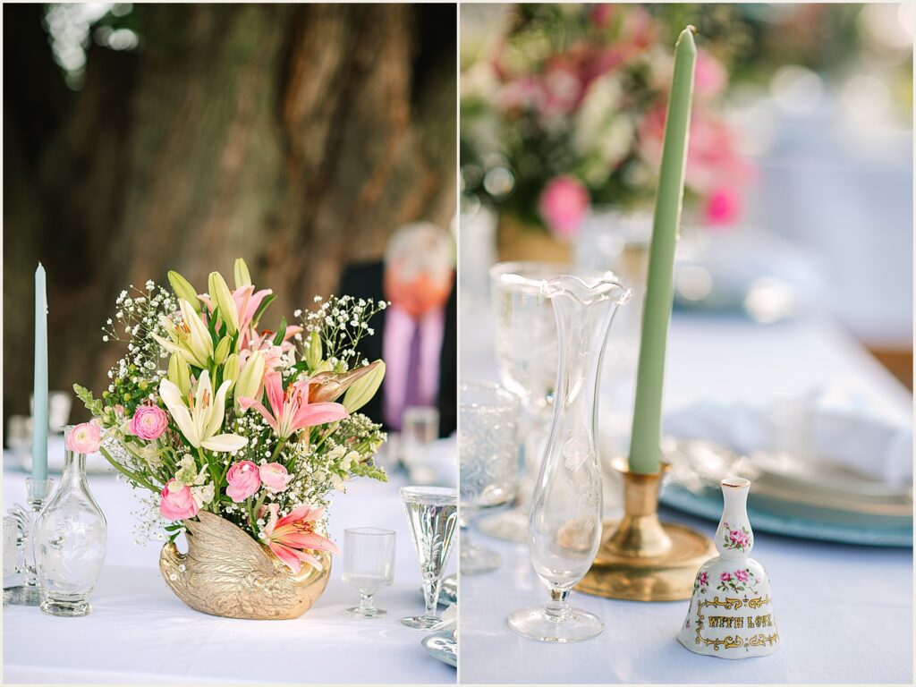 Green candles sit in gold candleholders.