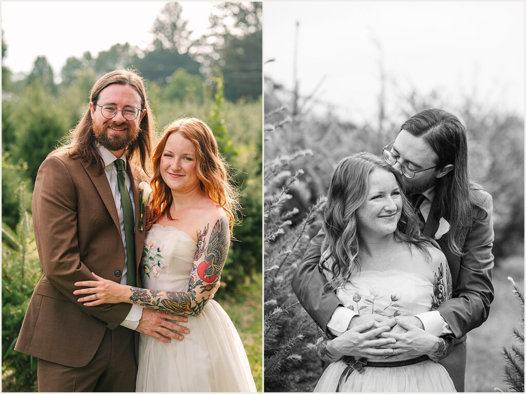 A groom kisses a bride's cheek.
