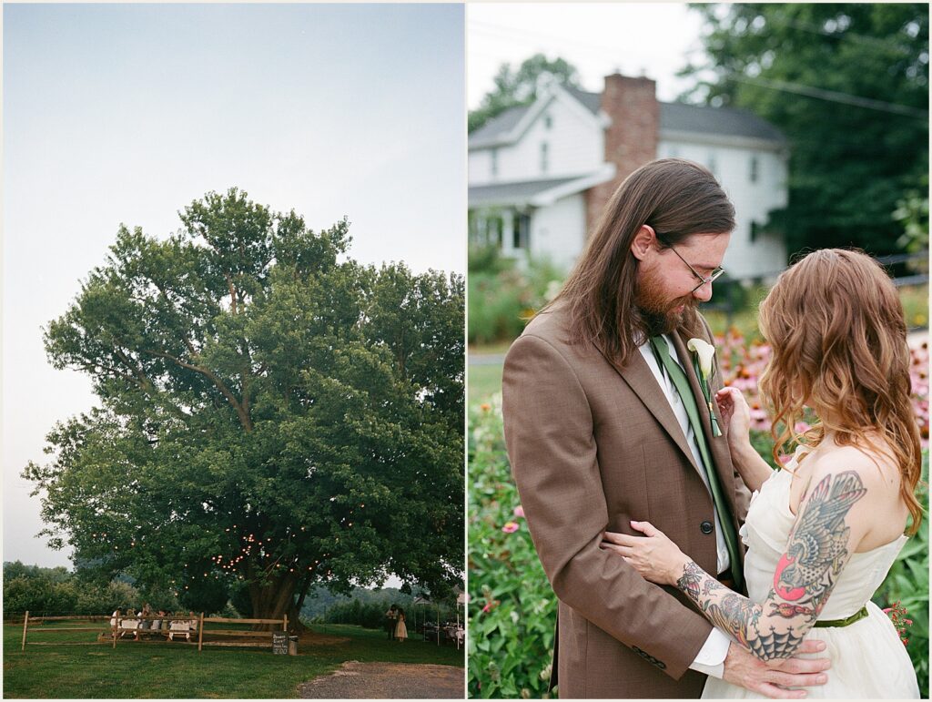A bride and groom embrace after their outdoor ceremony.