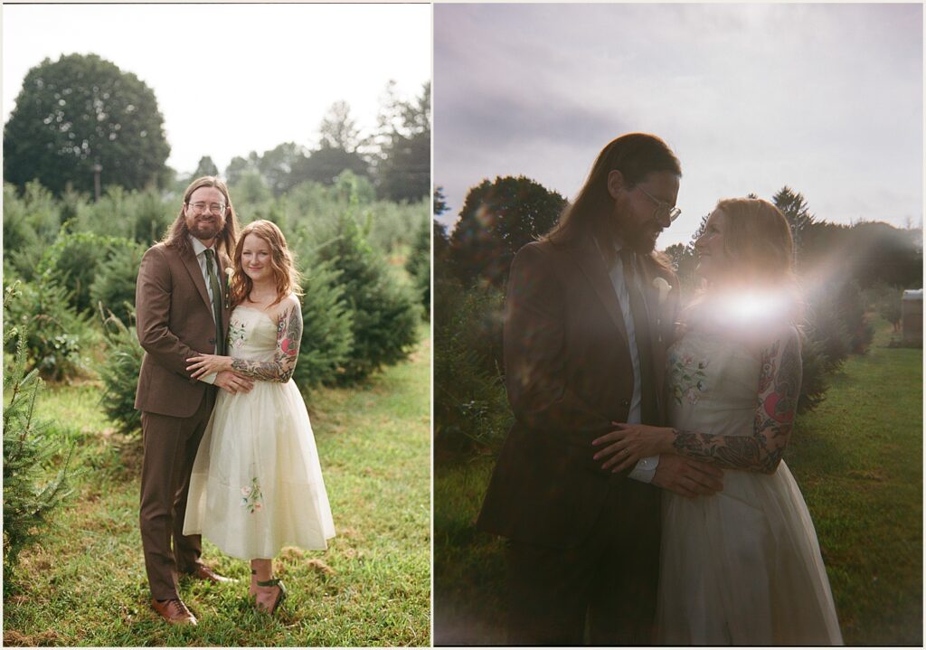 A bride and groom hold hands at sunset.