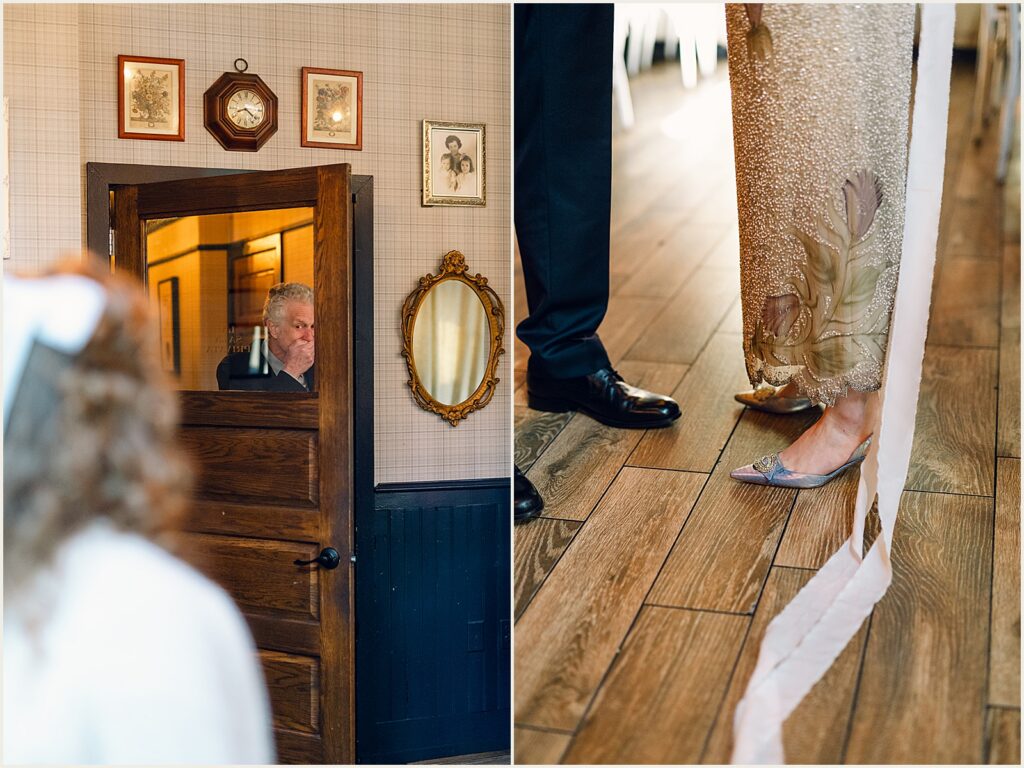 A father enters a suite for to see his daughter in her wedding dress.