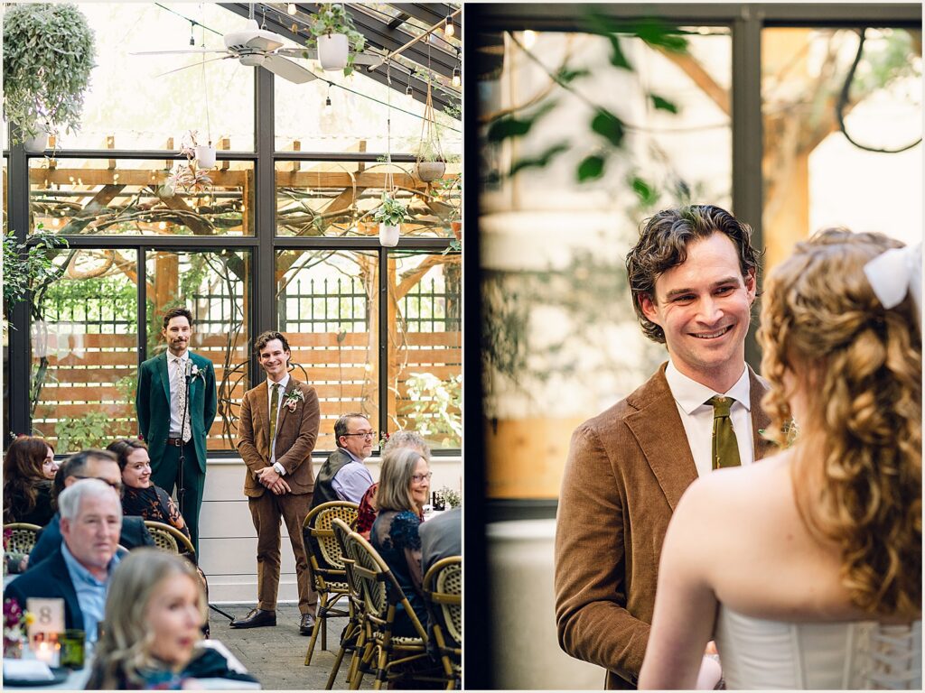 A bride and groom hold hands at a brunch wedding at Osteria Philly.