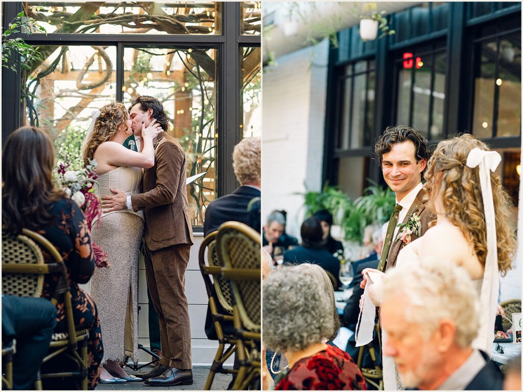 A bride and groom share a first kiss at their brunch wedding in Philadelphia.