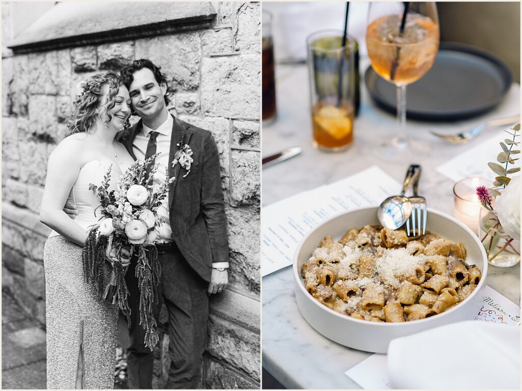 A bride and groom pose beside Osteria Philadelphia.